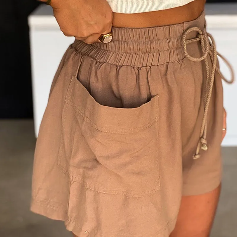 CozyFlow High Waist Drawstring Linen Pocket Shorts