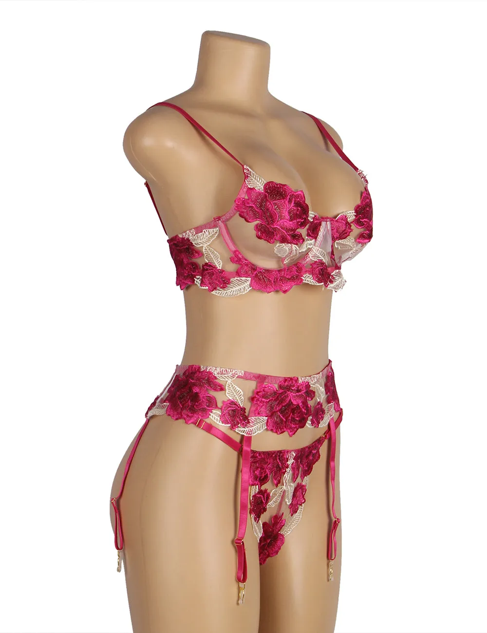 Dark Pink Floral Underwire Garter Bra Set Egypt