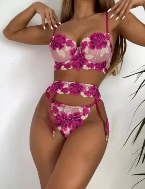Dark Pink Floral Underwire Garter Bra Set Egypt