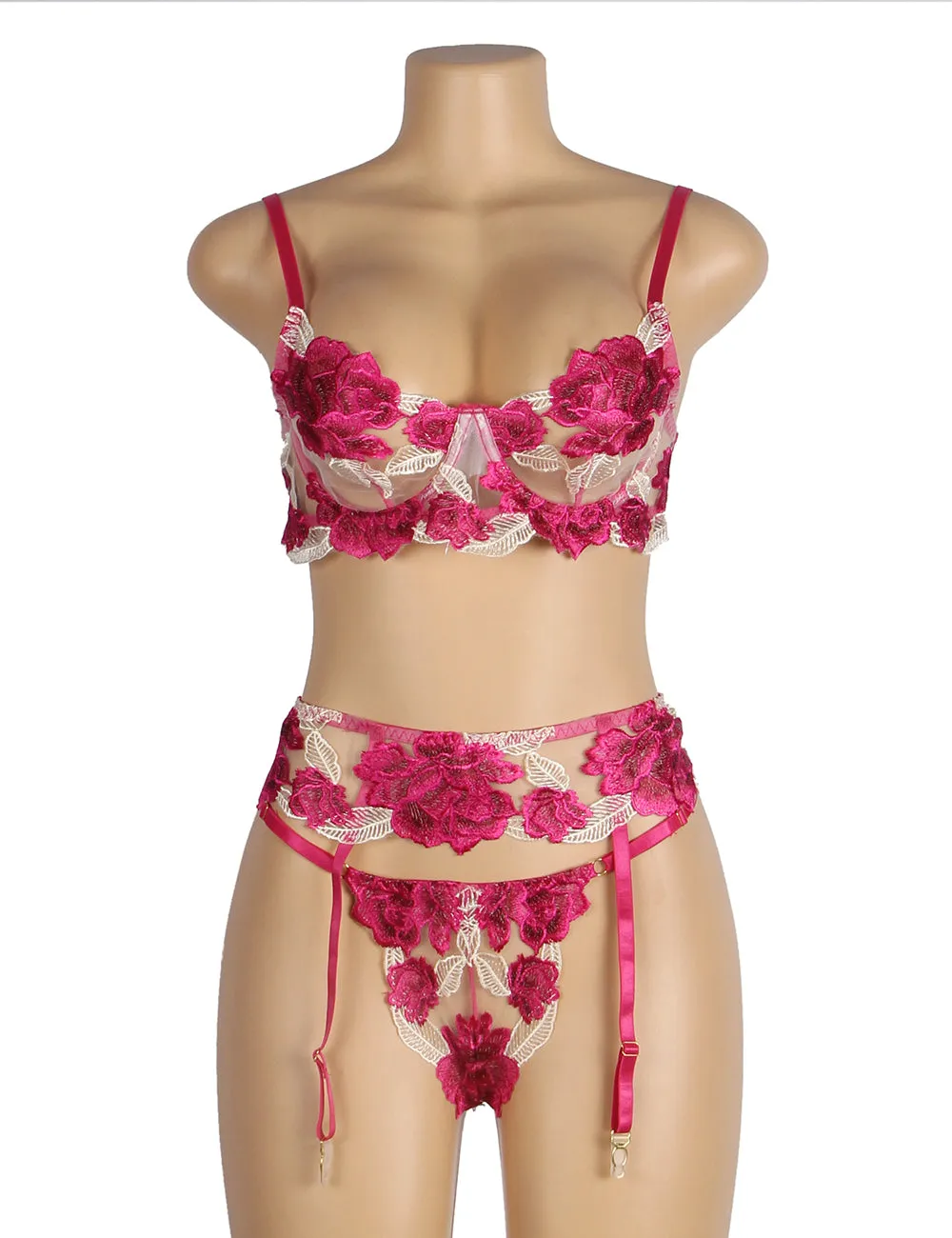 Dark Pink Floral Underwire Garter Bra Set Egypt