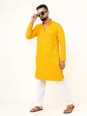 Dark Yellow Designer Cotton Embroidered kurta for Men