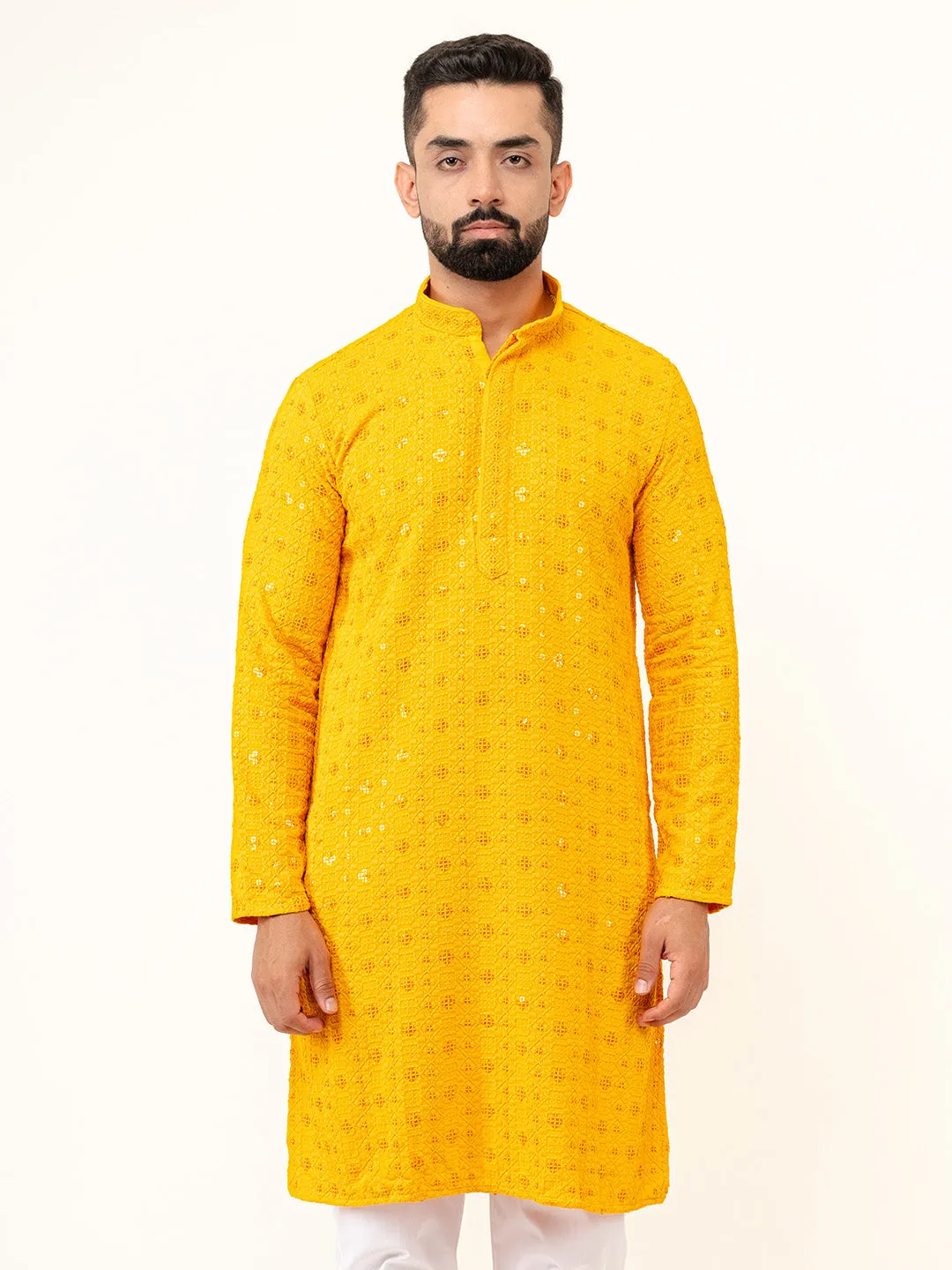 Dark Yellow Designer Cotton Embroidered kurta for Men