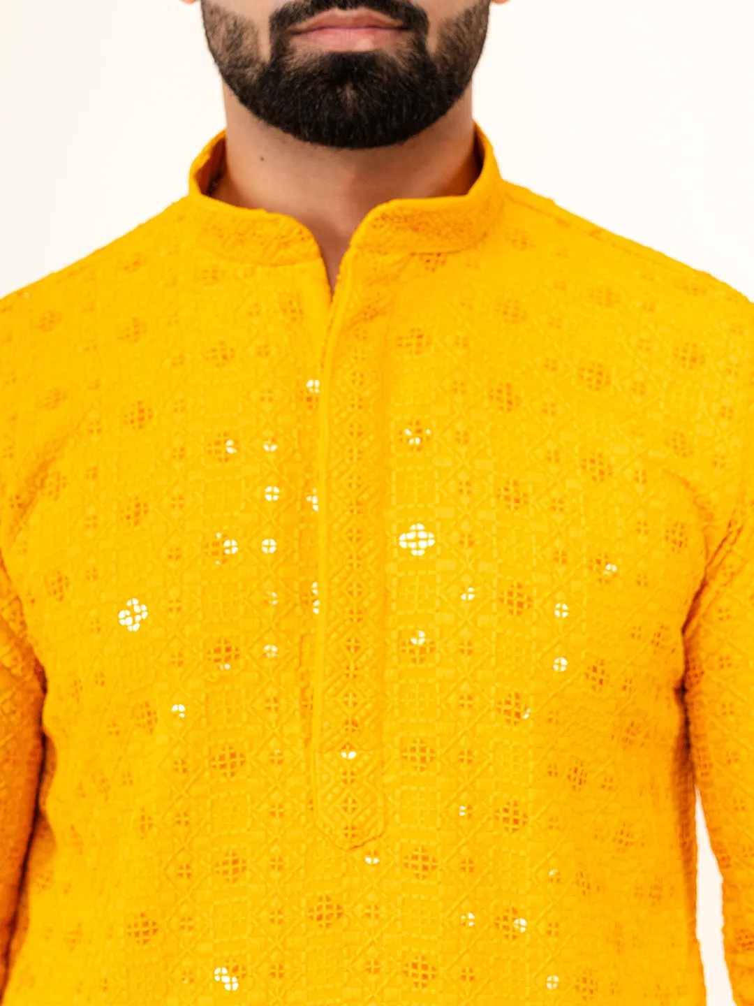 Dark Yellow Designer Cotton Embroidered kurta for Men