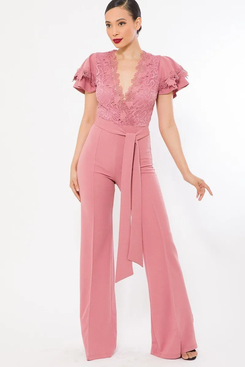 Deep V Crochet Lace Jumpsuit