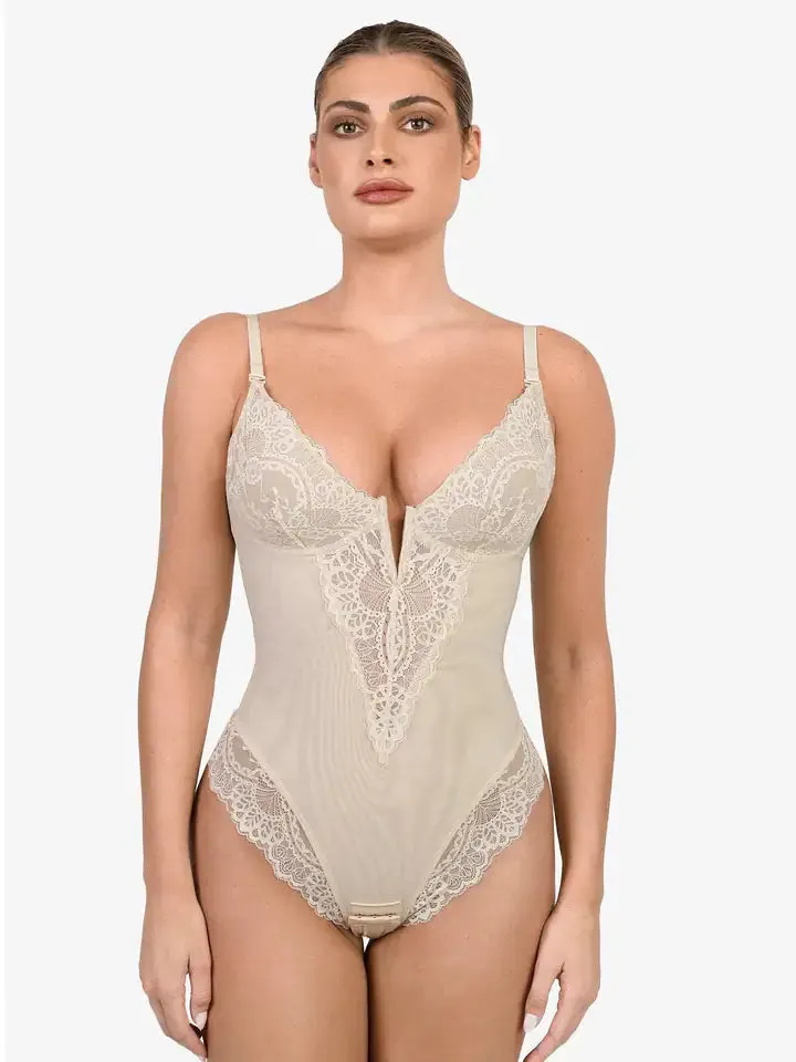 Deep V-Neck Lace Thong Bodysuit
