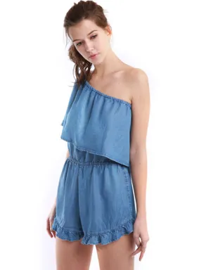 Denim Slant Shoulder Short Jumpsuit