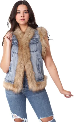 Denim Vest with Fur Trim- 82007