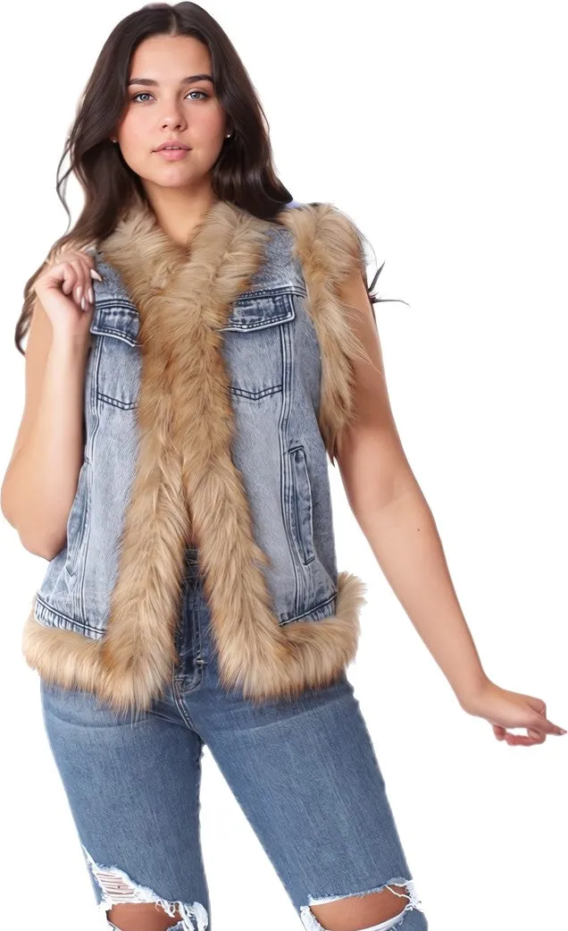 Denim Vest with Fur Trim- 82007