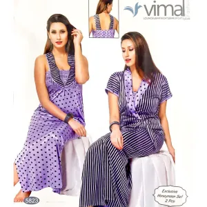 Designer 2 Pcs Nighty Set - Zebra Stripes & Polka Dotted Nighty Set - V5823 - Satin Silk Nighty by Vimal Fashion