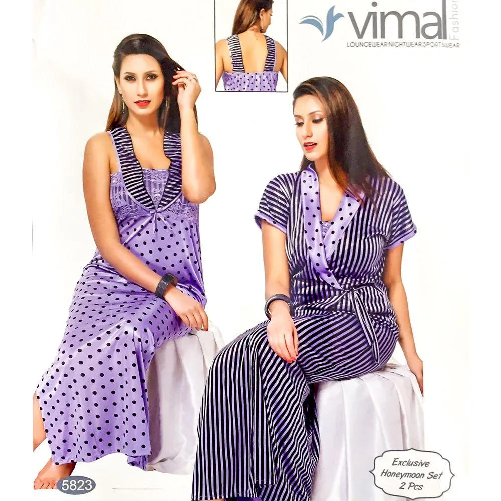 Designer 2 Pcs Nighty Set - Zebra Stripes & Polka Dotted Nighty Set - V5823 - Satin Silk Nighty by Vimal Fashion