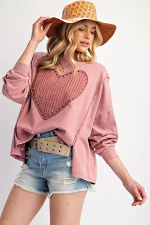 Easel Mauve Heart Patch Long Sleeve Top