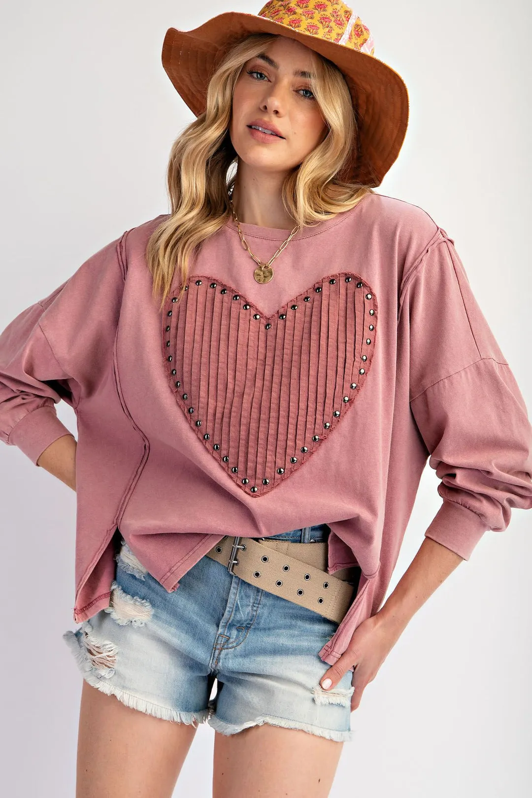 Easel Mauve Heart Patch Long Sleeve Top