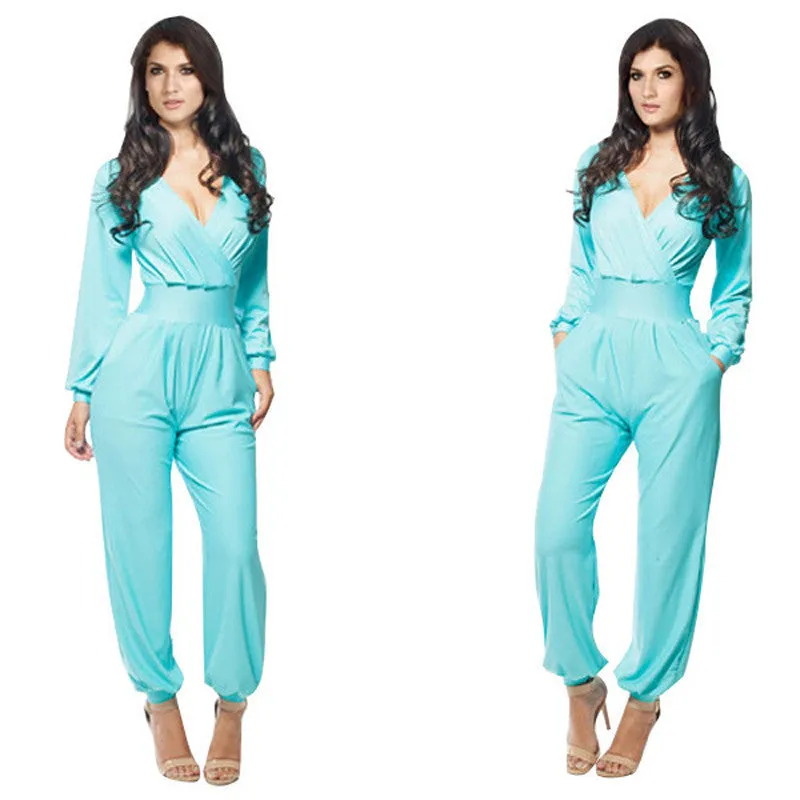 Elegant Rompers Women Jumpsuit Deep V-neck Bodysuit With Pockets Plus Size Overalls For Women Elegant Long Sleeve Jumpsuits