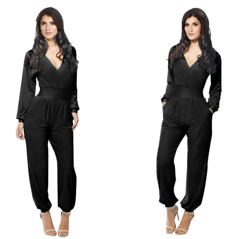 Elegant Rompers Women Jumpsuit Deep V-neck Bodysuit With Pockets Plus Size Overalls For Women Elegant Long Sleeve Jumpsuits