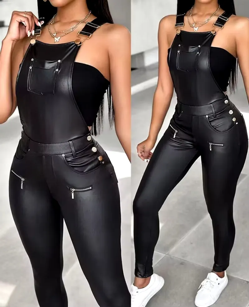 Elegant Women'S Shoulder Strap Jumpsuit Square Neck Sleeveless Pu Leather Buckle Zipper Suspender Sexy Tight Fitting Jumpsuit