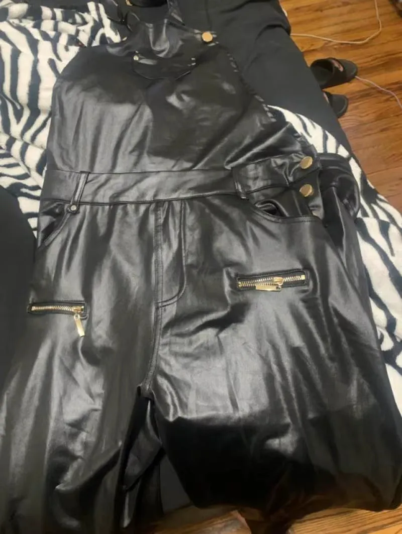 Elegant Women'S Shoulder Strap Jumpsuit Square Neck Sleeveless Pu Leather Buckle Zipper Suspender Sexy Tight Fitting Jumpsuit