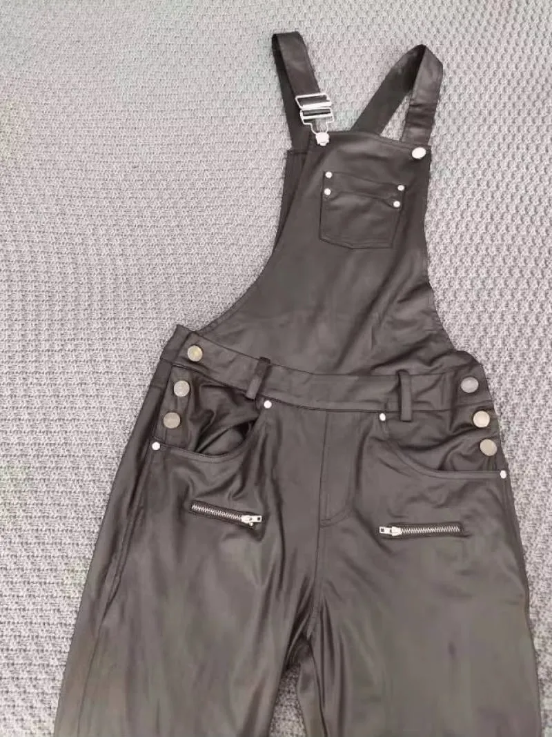 Elegant Women'S Shoulder Strap Jumpsuit Square Neck Sleeveless Pu Leather Buckle Zipper Suspender Sexy Tight Fitting Jumpsuit