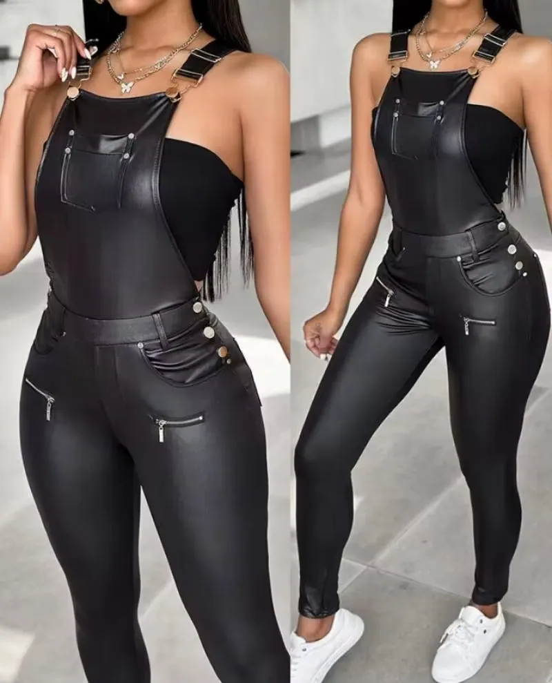 Elegant Women'S Shoulder Strap Jumpsuit Square Neck Sleeveless Pu Leather Buckle Zipper Suspender Sexy Tight Fitting Jumpsuit