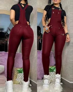 Elegant Women'S Shoulder Strap Jumpsuit Square Neck Sleeveless Pu Leather Buckle Zipper Suspender Sexy Tight Fitting Jumpsuit