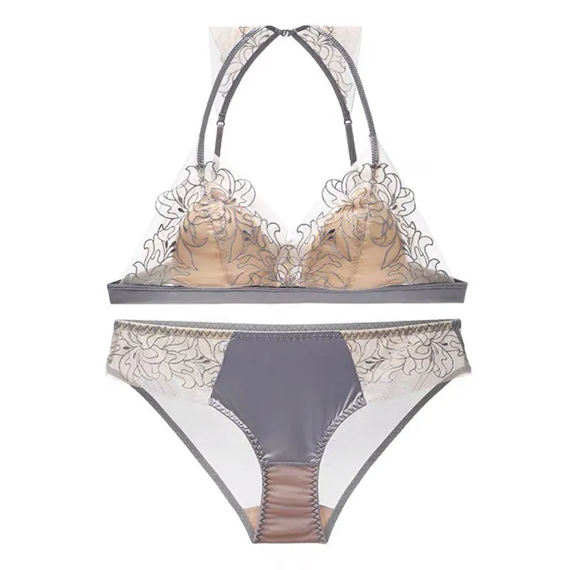 Embroidered Lace Triangle Top Bra and Panty Set