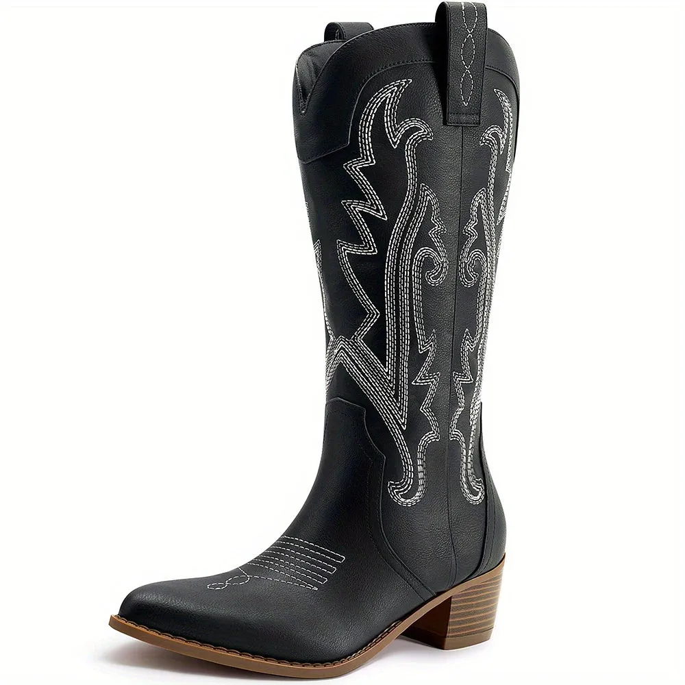 Embroidered Mid-Calf Cowgirl Western Boots – Classic & Stylish