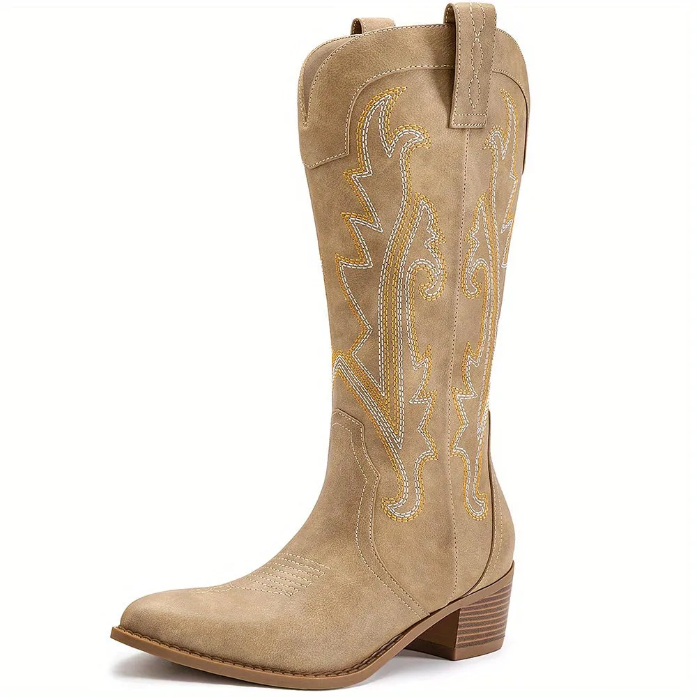 Embroidered Mid-Calf Cowgirl Western Boots – Classic & Stylish
