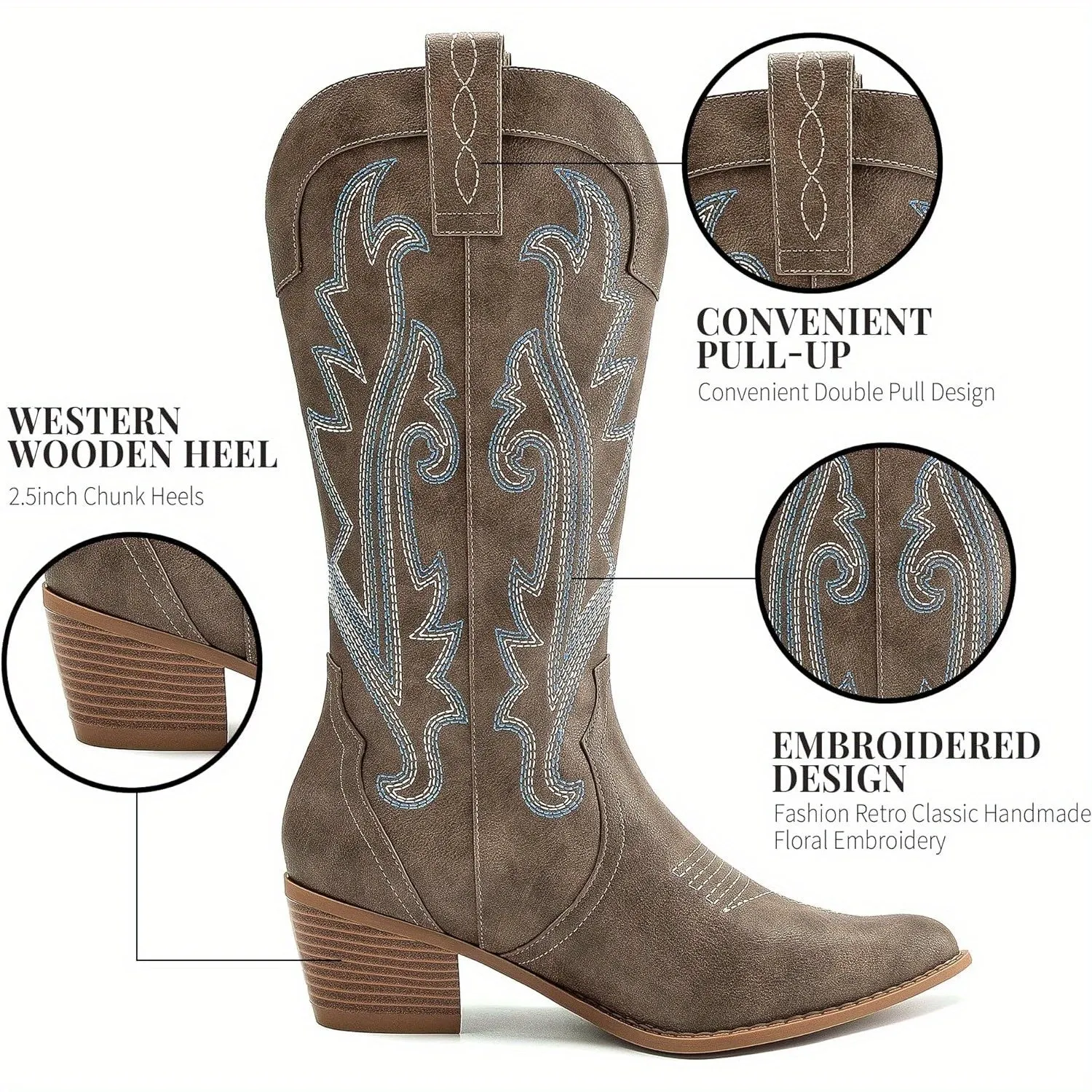 Embroidered Mid-Calf Cowgirl Western Boots – Classic & Stylish