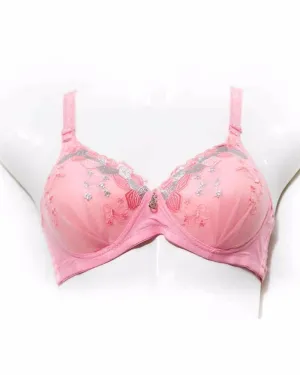 Embroidered Single Padded Pink Bra