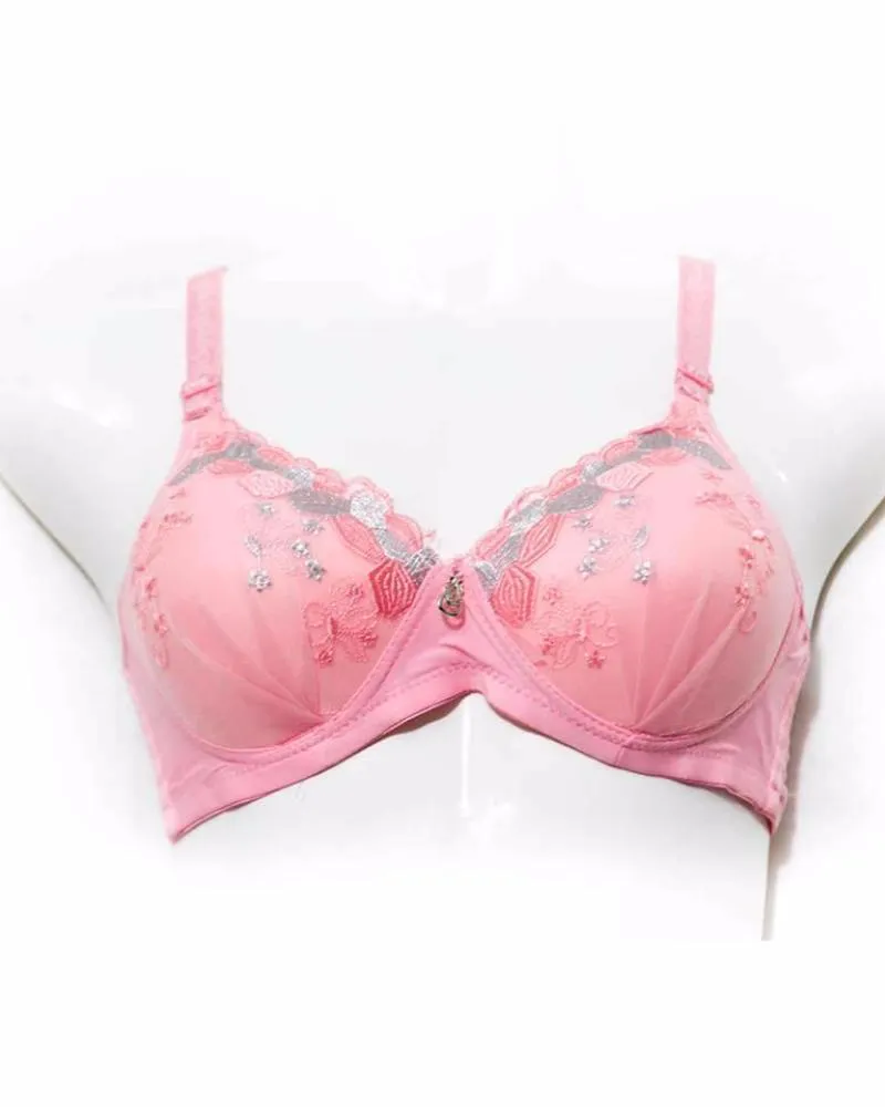 Embroidered Single Padded Pink Bra