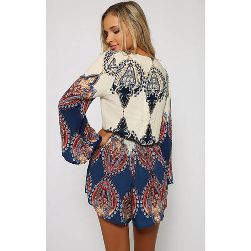 Ethnic Floral Boho Tops V Neck Romper
