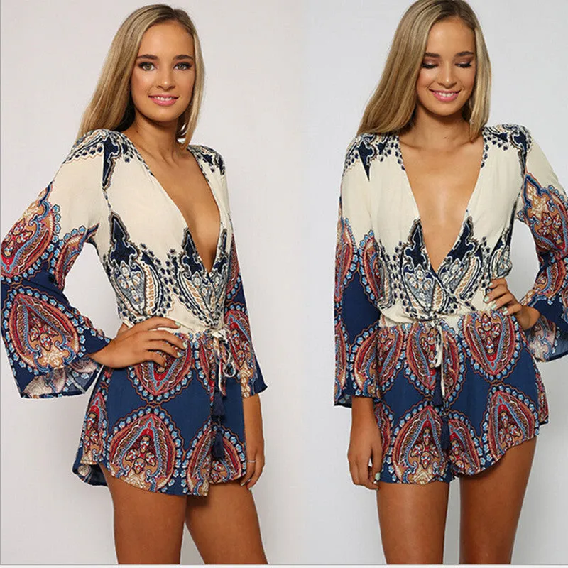Ethnic Floral Boho Tops V Neck Romper