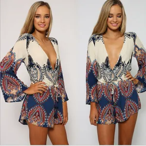 Ethnic Floral Boho Tops V Neck Romper