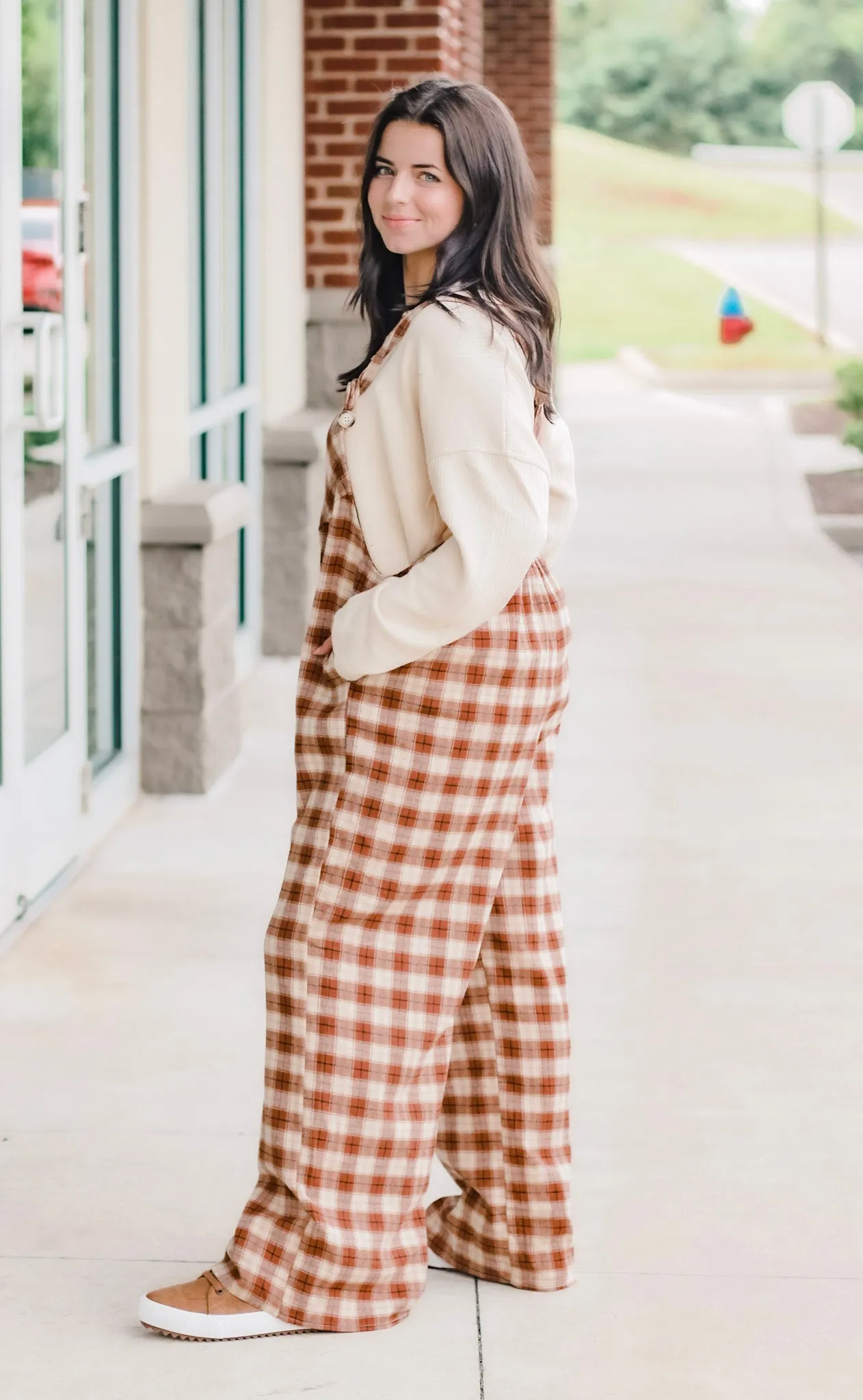 Fall Days Plaid Jumpsuit in Camel