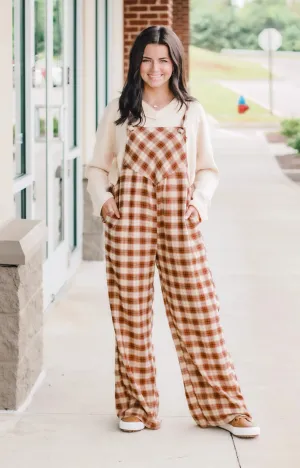 Fall Days Plaid Jumpsuit in Camel