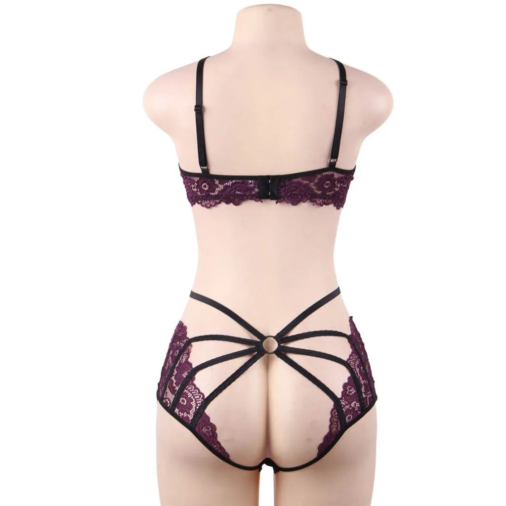 Fashion Sexy Lace Underwire Stitching Cross Straps Sexy Egypt Bra Set