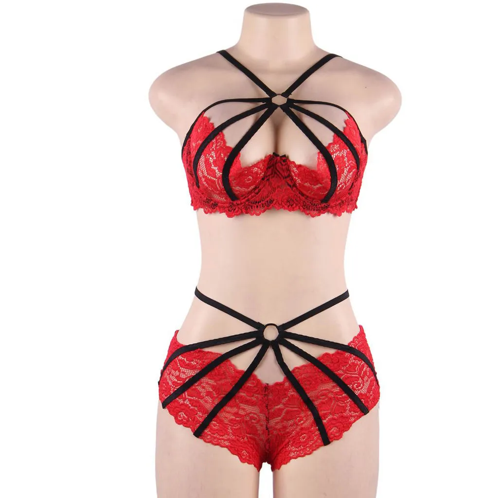 Fashion Sexy Lace Underwire Stitching Cross Straps Sexy Egypt Bra Set