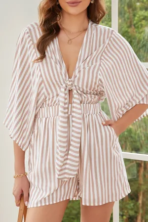 Fia Tied Striped Three-Quarter Sleeve Romper