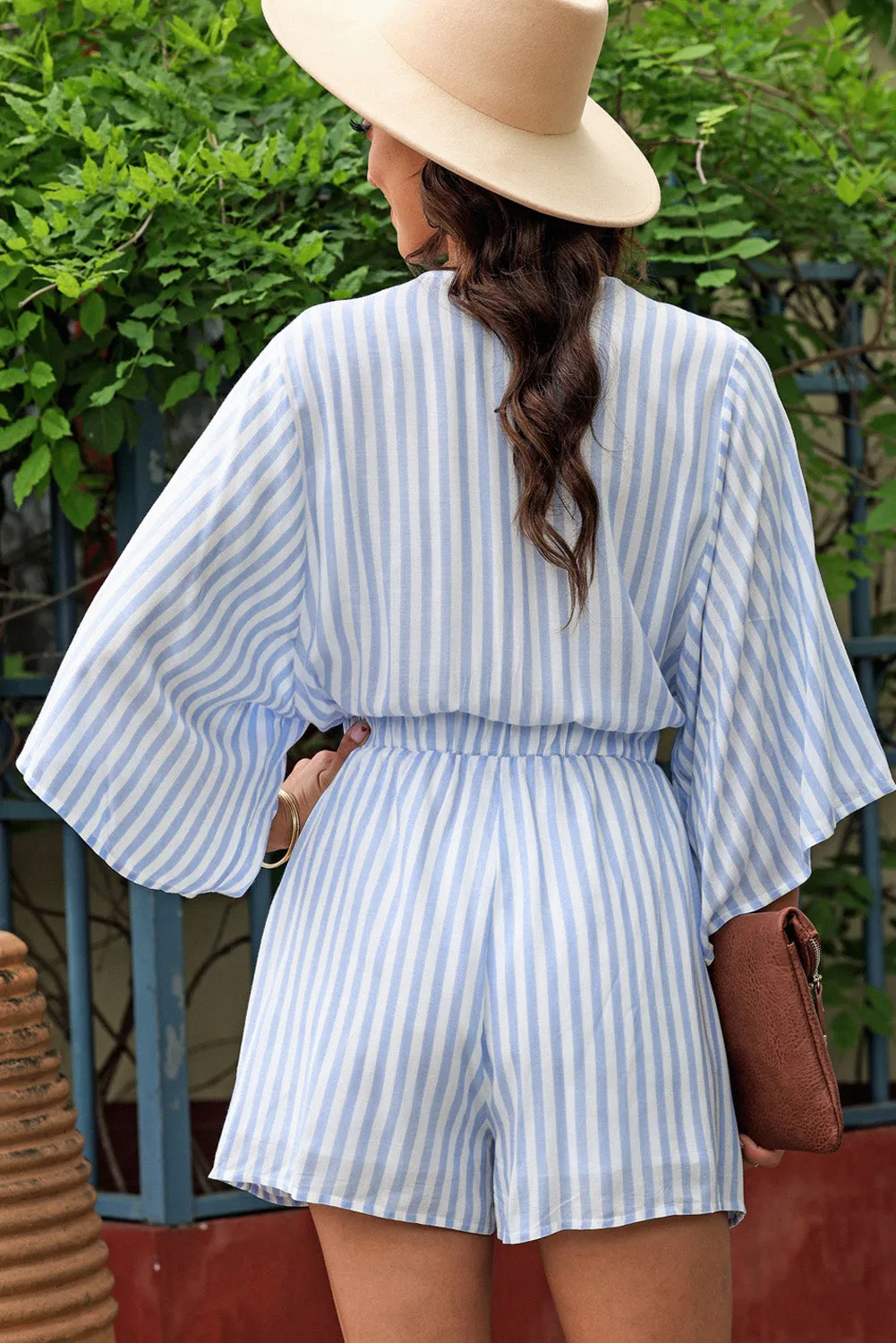 Fia Tied Striped Three-Quarter Sleeve Romper