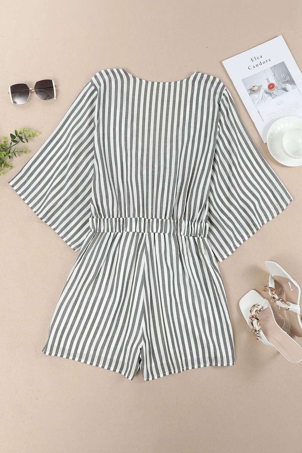 Fia Tied Striped Three-Quarter Sleeve Romper
