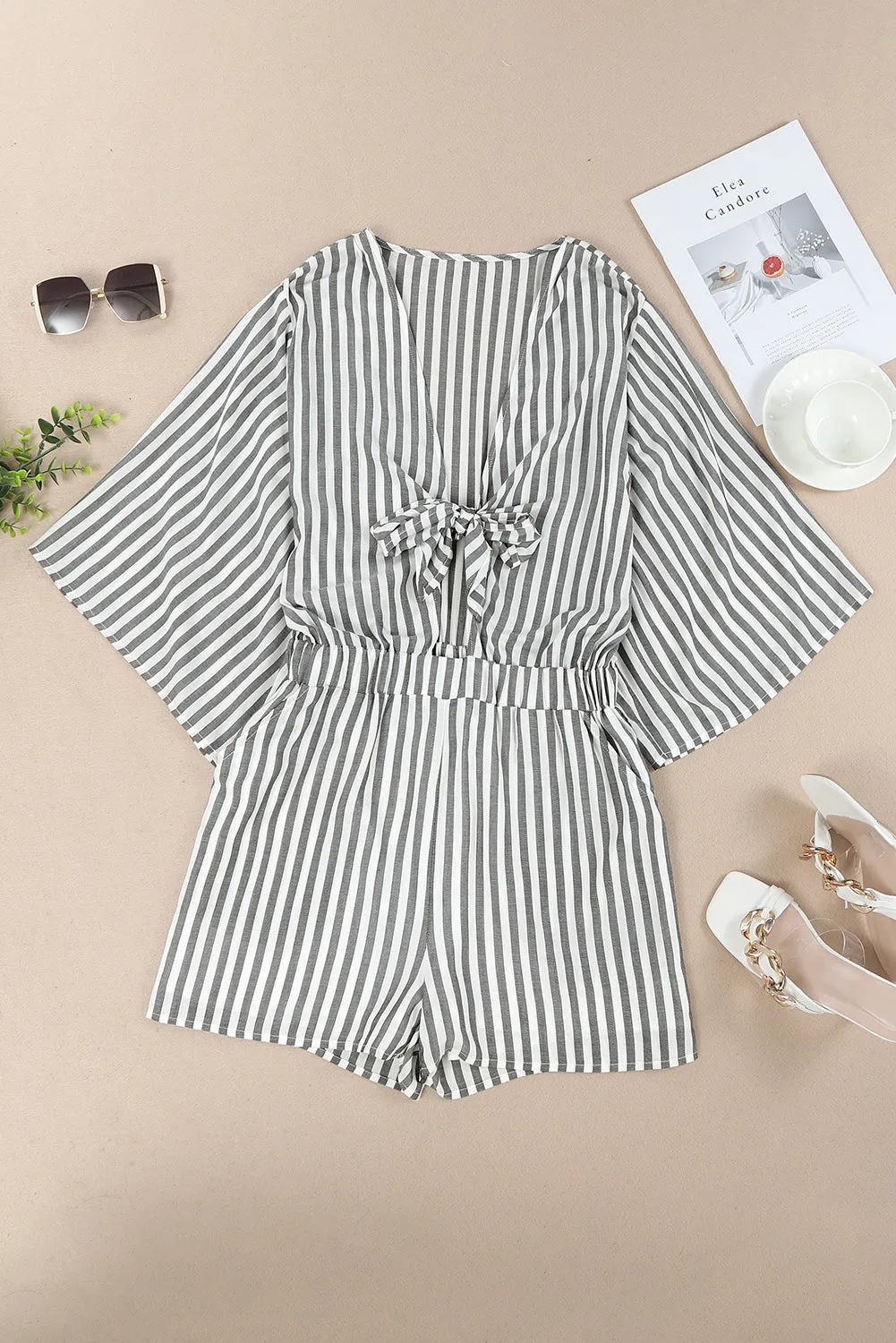 Fia Tied Striped Three-Quarter Sleeve Romper