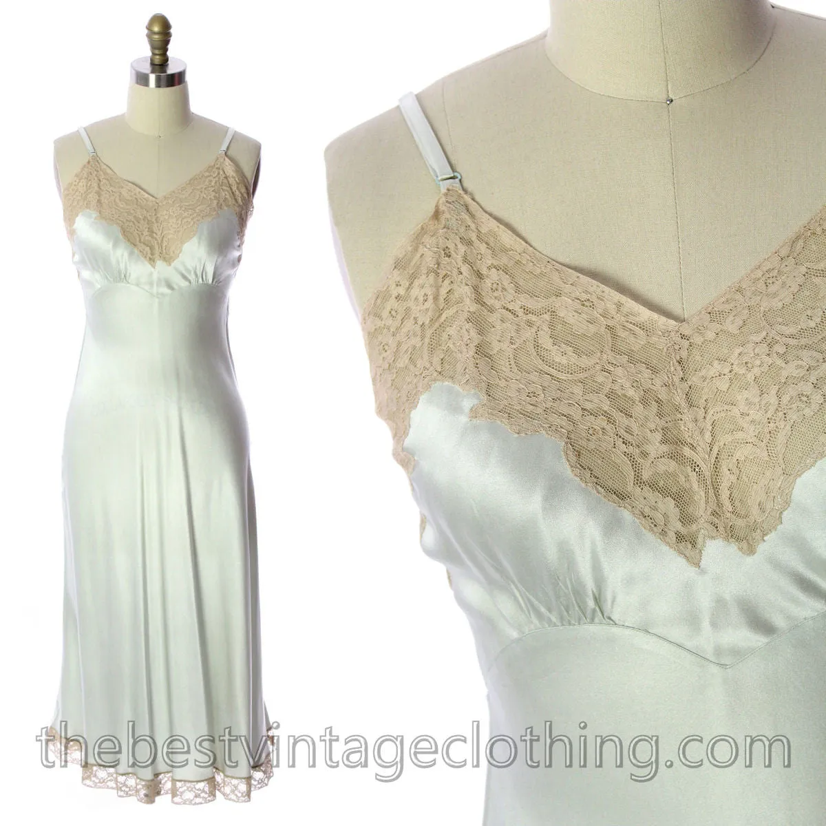 Fischer Heavenly Lingerie Vintage Silk Charmeuse Slip  Pale Green Bias Cut 1940s  Gorgeous!