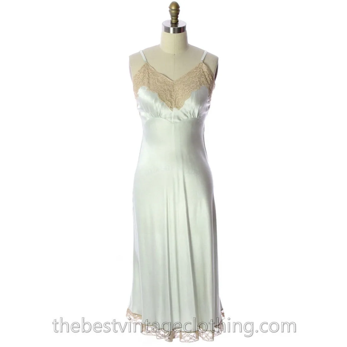 Fischer Heavenly Lingerie Vintage Silk Charmeuse Slip  Pale Green Bias Cut 1940s  Gorgeous!