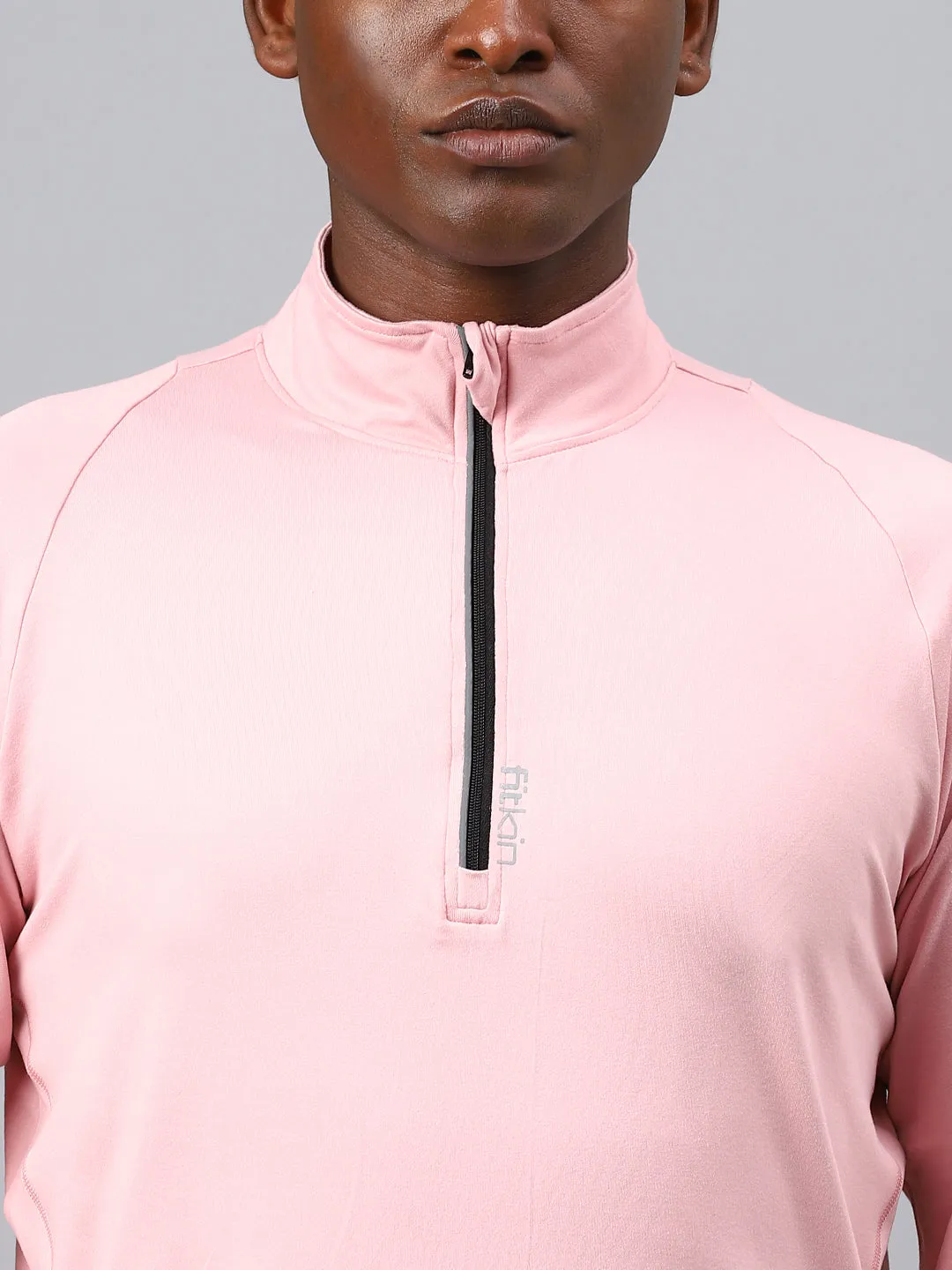 Fitkin men's nude pink high neck front zipper full sleeves t-shirt