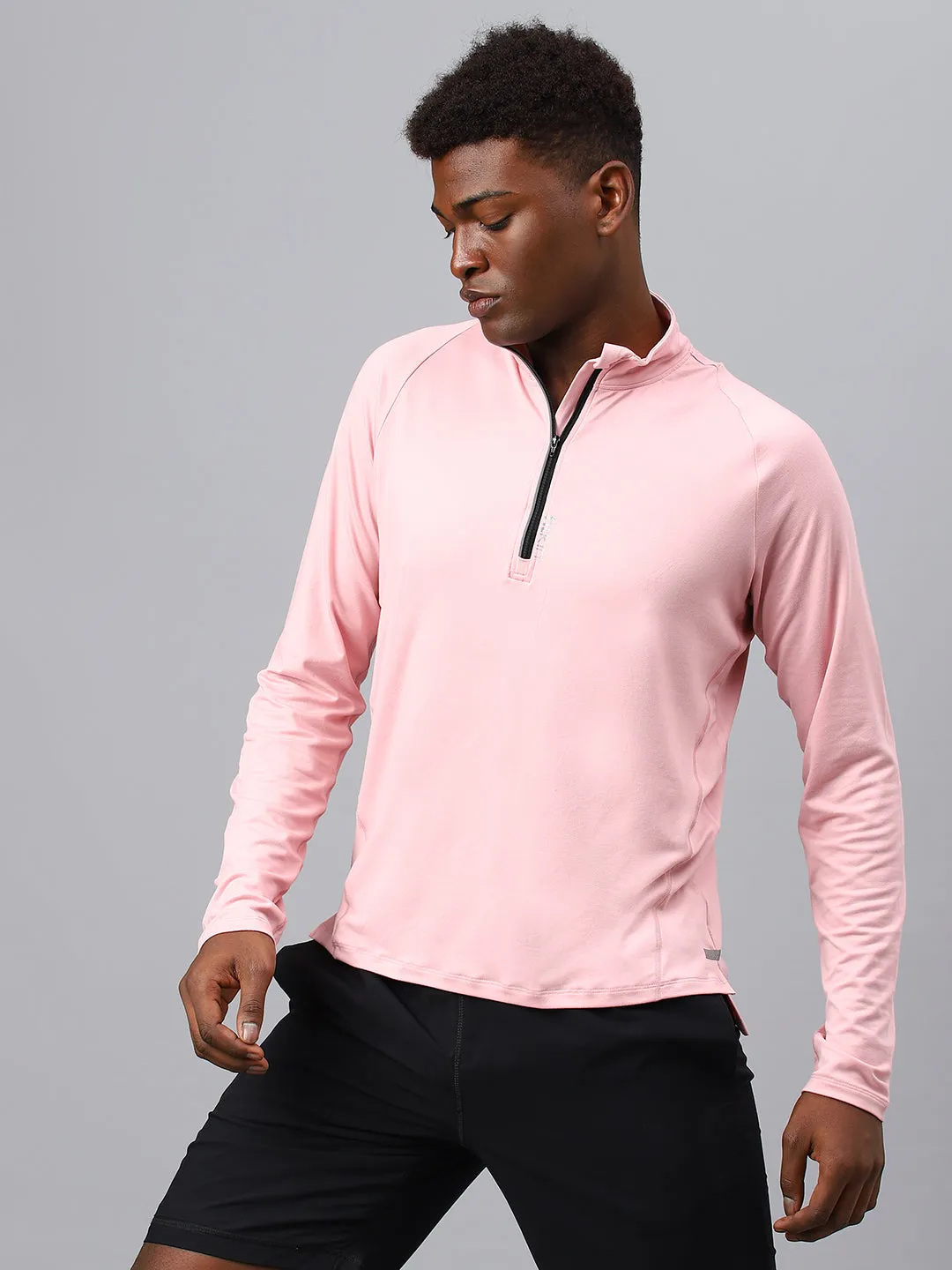 Fitkin men's nude pink high neck front zipper full sleeves t-shirt