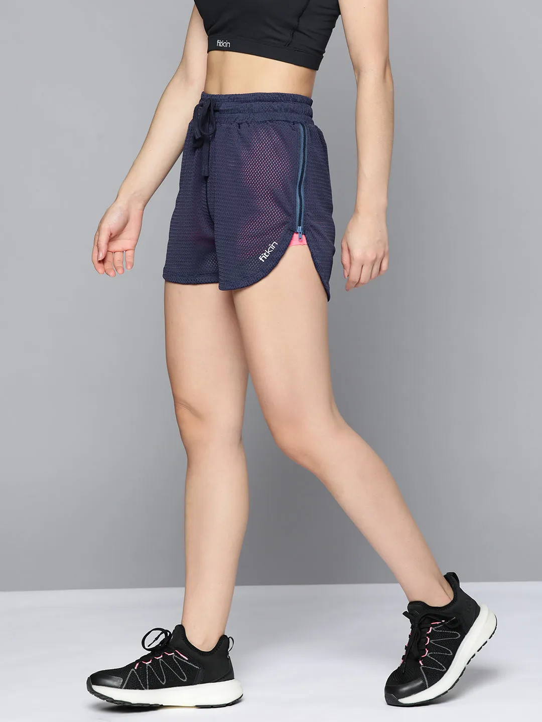 Fitkin Women's Blue & Pink Double Layer Side Zip Shorts