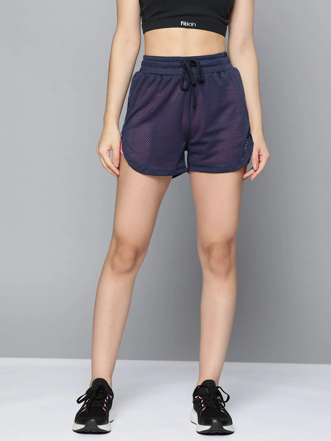 Fitkin Women's Blue & Pink Double Layer Side Zip Shorts