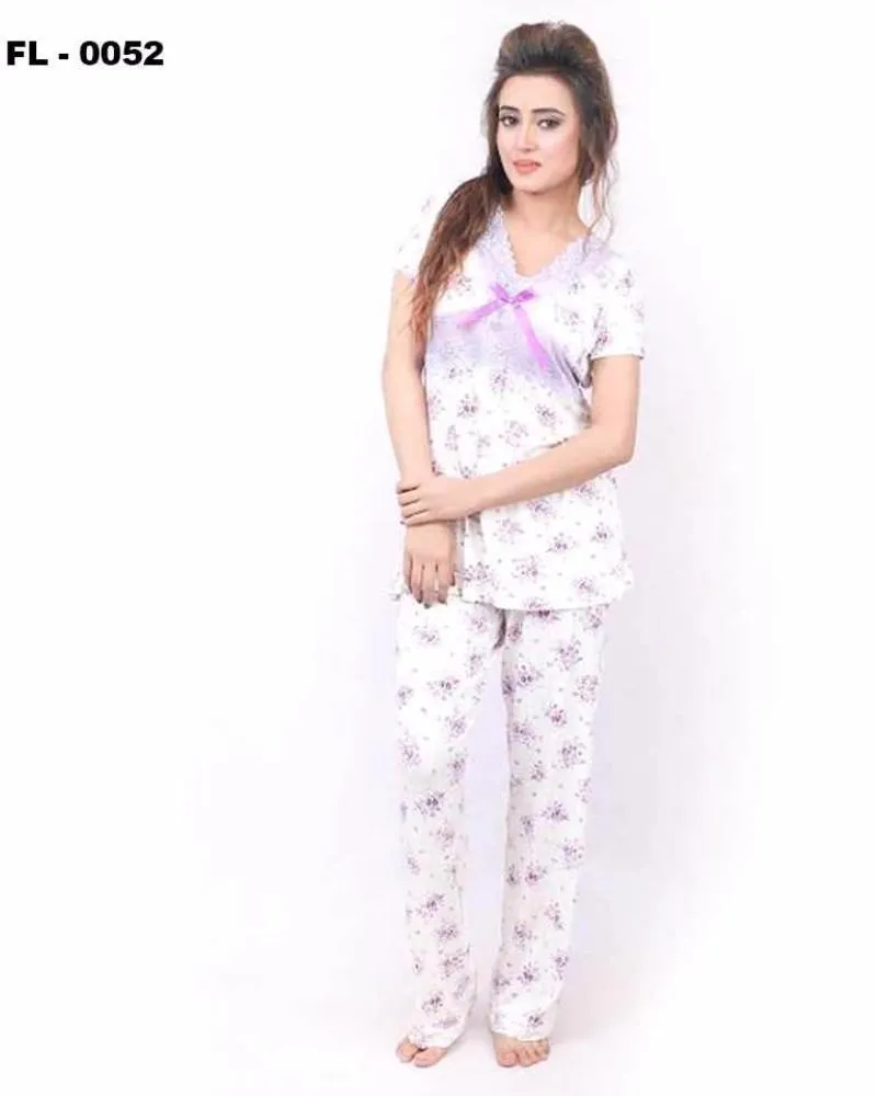FL-0052 White With Purple Flower Print Flourish 2Pc - Women Nightdress
