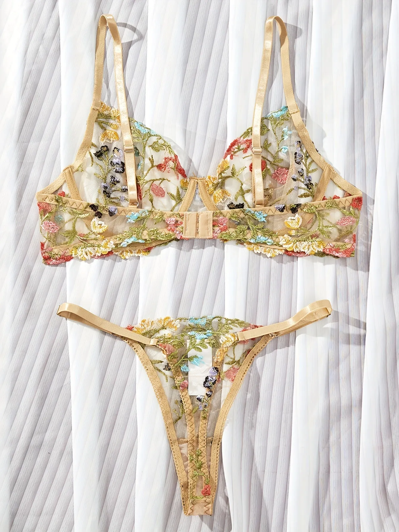 Floral Embroidery Lingerie Set - Sexy Sheer Unlined Bra & Mesh Thong for Women