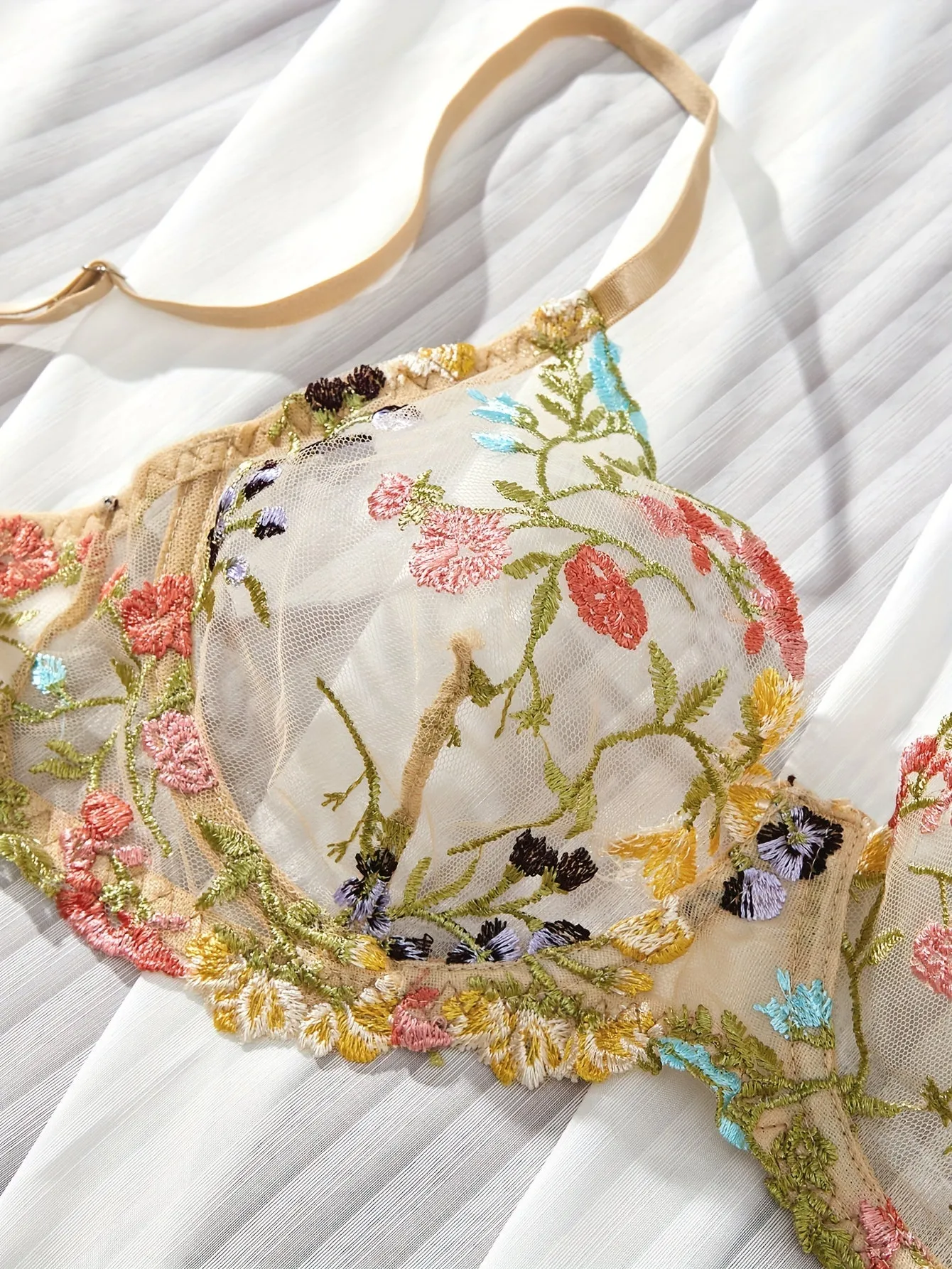 Floral Embroidery Lingerie Set - Sexy Sheer Unlined Bra & Mesh Thong for Women
