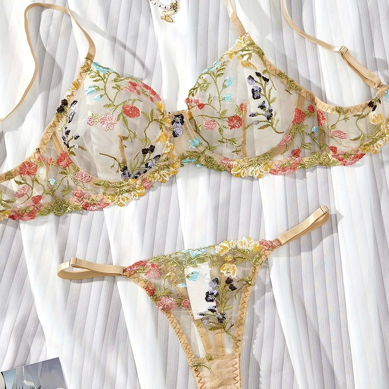 Floral Embroidery Lingerie Set - Sexy Sheer Unlined Bra & Mesh Thong for Women